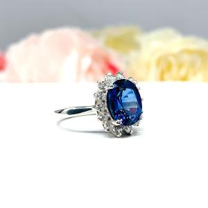 Lab Blue Sapphire Oval CZ Halo Ring Princess Diana and Catherine Ring