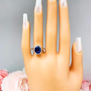 Lab Blue Sapphire Oval CZ Halo Ring Princess Diana and Catherine Ring
