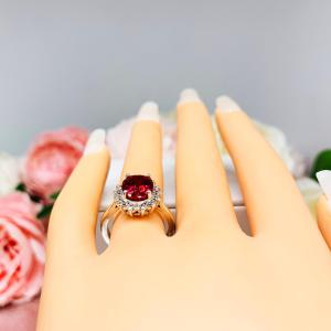 Lab Ruby Oval CZ Halo Sterling Silver Ring