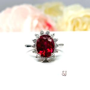 Lab Ruby Oval CZ Halo Sterling Silver Ring