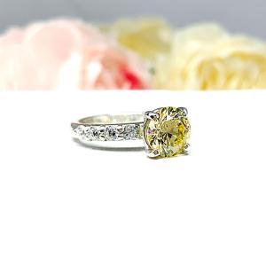 Yellow Round CZ Pave Engagement Ring Sterling Silver Optional Matching Band