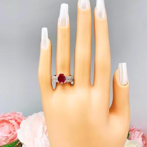 Lab Ruby Oval Engagement Ring CZ Pave Accents Sterling Silver Optional Matching Band