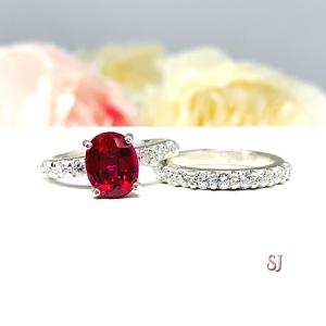 Lab Ruby Oval Engagement Ring CZ Pave Accents Sterling Silver Optional Matching Band