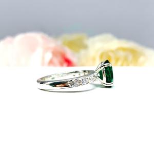 Lab Created Emerald Oval Engagement Ring - Round CZ Pave Accents - Sterling Silver - Optional Matching Band