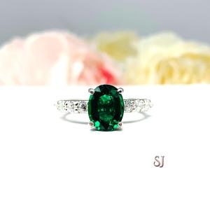 Lab Created Emerald Oval Engagement Ring - Round CZ Pave Accents - Sterling Silver - Optional Matching Band
