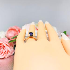 Lab Blue Sapphire Round Engagement Ring CZ Pave Accents Sterling Silver Optional Matching Band