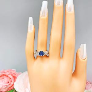 Lab Blue Sapphire Round Engagement Ring CZ Pave Accents Sterling Silver Optional Matching Band