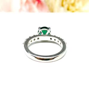 Lab Created Emerald Engagement Ring -  Round CZ Pave Accents -  Sterling Silver - Optional Matching Band