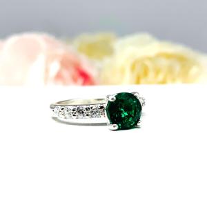 Lab Created Emerald Engagement Ring -  Round CZ Pave Accents -  Sterling Silver - Optional Matching Band