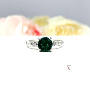 Lab Created Emerald Engagement Ring -  Round CZ Pave Accents -  Sterling Silver - Optional Matching Band