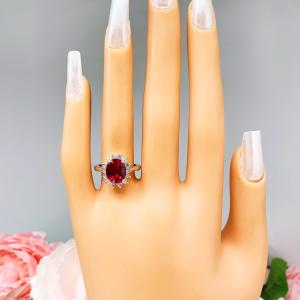 Lab Ruby Oval CZ Halo Sterling Silver Ring