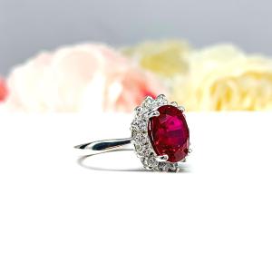 Lab Ruby Oval CZ Halo Sterling Silver Ring