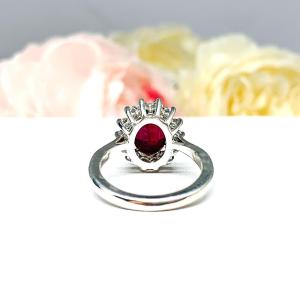 Lab Ruby Oval CZ Halo Sterling Silver Ring