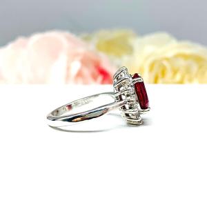 Lab Ruby Oval CZ Halo Sterling Silver Ring