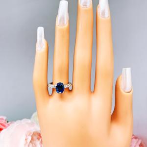 Lab Blue Sapphire Oval Engagement Ring CZ Pave Accents Sterling Silver Optional Matching Band