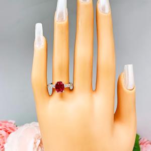 Lab Ruby Oval Engagement Ring CZ Pave Accents Sterling Silver Optional Matching Band