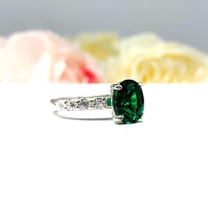 Lab Created Emerald Oval Engagement Ring - Round CZ Pave Accents - Sterling Silver - Optional Matching Band