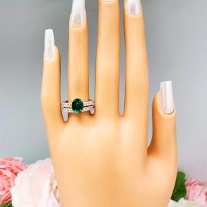 Lab Created Emerald Oval Engagement Ring - Round CZ Pave Accents - Sterling Silver - Optional Matching Band