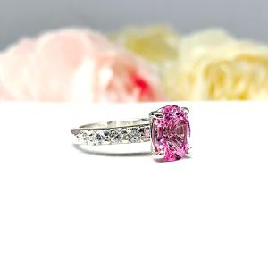Lab Pink Sapphire Oval Engagement Ring CZ Pave Accents Sterling Silver Optional Matching Band