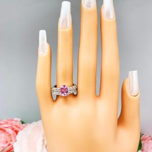 Lab Pink Sapphire Oval Engagement Ring CZ Pave Accents Sterling Silver Optional Matching Band