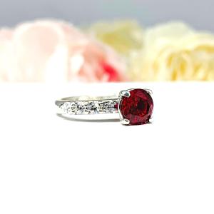 Lab Ruby Round Engagement Ring CZ Pave Accents Sterling Silver Optional Matching Band
