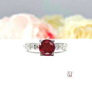 Lab Ruby Round Engagement Ring CZ Pave Accents Sterling Silver Optional Matching Band