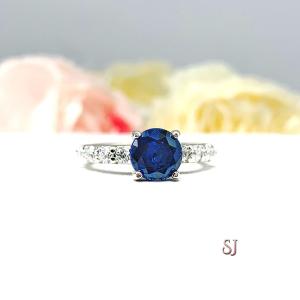 Lab Blue Sapphire Round Engagement Ring CZ Pave Accents Sterling Silver Optional Matching Band