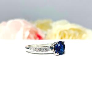 Lab Blue Sapphire Round Engagement Ring CZ Pave Accents Sterling Silver Optional Matching Band