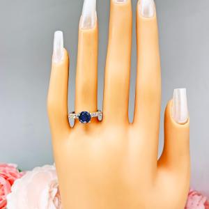 Lab Blue Sapphire Round Engagement Ring CZ Pave Accents Sterling Silver Optional Matching Band