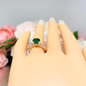 Lab Created Emerald Engagement Ring -  Round CZ Pave Accents -  Sterling Silver - Optional Matching Band