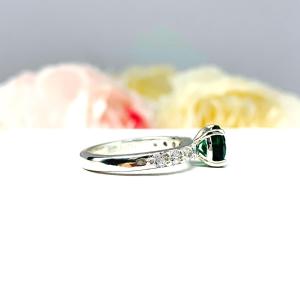 Lab Created Emerald Engagement Ring -  Round CZ Pave Accents -  Sterling Silver - Optional Matching Band