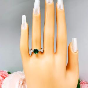 Lab Created Emerald Engagement Ring -  Round CZ Pave Accents -  Sterling Silver - Optional Matching Band