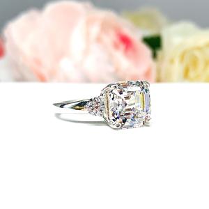 Asscher CZ with Round Accents Engagement Ring White or Near Colorless