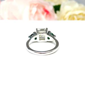 Asscher CZ Lab Created Emerald Engagement Ring - 3 Stone - Emerald Trillion Side Stones - Sterling Silver