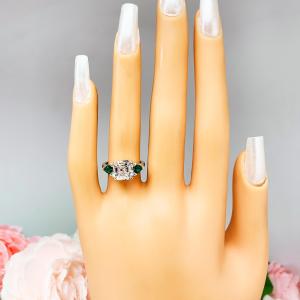 Asscher CZ Lab Created Emerald Engagement Ring - 3 Stone - Emerald Trillion Side Stones - Sterling Silver