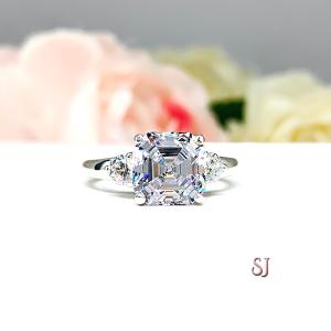 Asscher CZ with Round Accents Engagement Ring White or Near Colorless