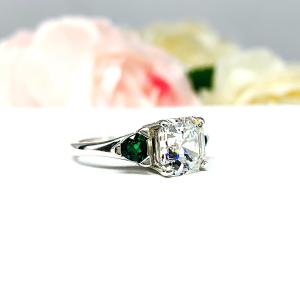 Asscher CZ Lab Created Emerald Engagement Ring - 3 Stone - Emerald Trillion Side Stones - Sterling Silver