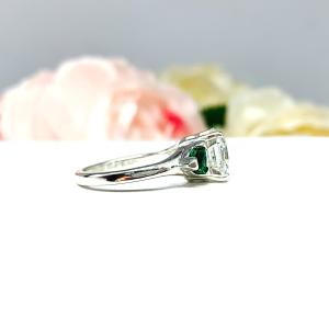 Asscher CZ Lab Created Emerald Engagement Ring - 3 Stone - Emerald Trillion Side Stones - Sterling Silver