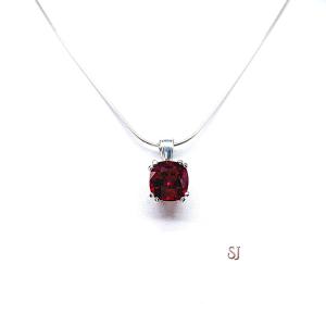Lab Ruby Cushion Pendant 9mm Sterling Silver Necklace Water Lily Design July Birthstone