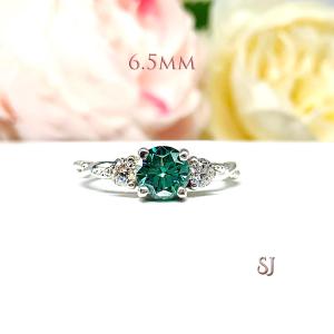 Green Moissanite 3 Stone Sterling Silver Ring - Milgrain twist band