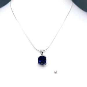 Lab Blue Sapphire Cushion Pendant 9mm Sterling Silver Necklace Water Lily Design September Birthstone