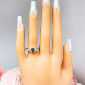 Green Moissanite 3 Stone Sterling Silver Ring - Milgrain twist band
