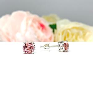 Round Lab Padparadscha Sapphire Stud Earrings – 5mm, 6.5mm, Sterling Silver