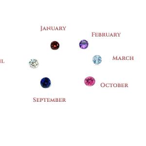 A composite photo of six gemstones on a white background. The gemstones appear in groups of three, with the right side showing these colors from top to bottom with text next to them: purple 'February', light blue 'March', and fuchsia pink 'October'.  The left side has these gems with these colors from top to bottom (with corresponding text): dark red 'January', clear 'April', and dark royal blue 'September'.