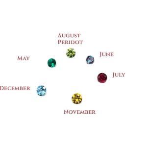 A composite photo of six gemstones on a white background. Each gemstone is labeled with pink text. The gemstones appear in a circular fashion, in this order with these colors and corresponding text, clockwise: light olive green 'August', purplish green 'June', deep red 'July', golden yellow 'November', bright blue 'December', and emerald green 'May'.