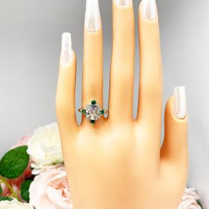 Art Deco Round Cubic Zirconia Engagement Ring – 7mm-9mm, Lab Emerald Accents, Sterling Silver