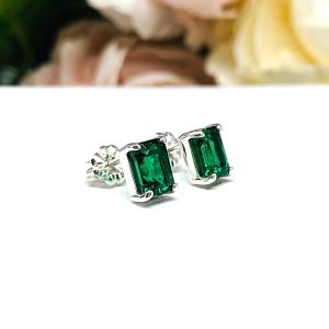 Emerald Cut Lab Emerald Stud Earrings - Sterling Silver Settings -  May birthstone gift