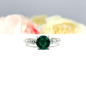 Lab Emerald Round CZ Pave Bridal Ring Set – 6.5mm - 8mm, Sterling Silver