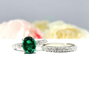 Lab Emerald Oval Pave Bridal Ring Set – 8x6mm, 9x7mm, Sterling Silver