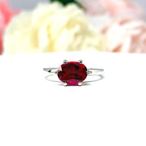 Lab Ruby Oval Horizontal Set Ring Size 5 – 8x6mm, Sterling Silver